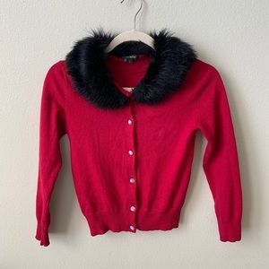 Girls Red Cardigan with Black Faux Fur Collar